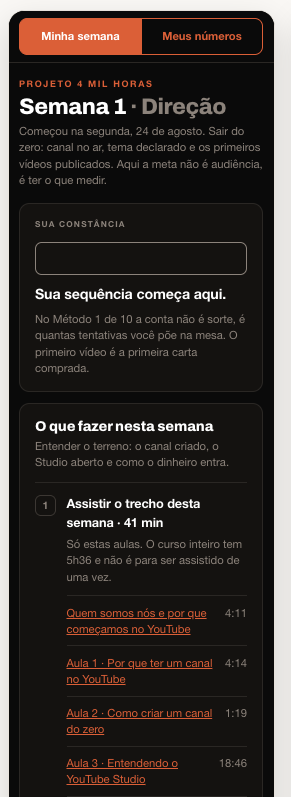Tela Minha semana: a aula da semana, o que fazer e o encontro da semana.
