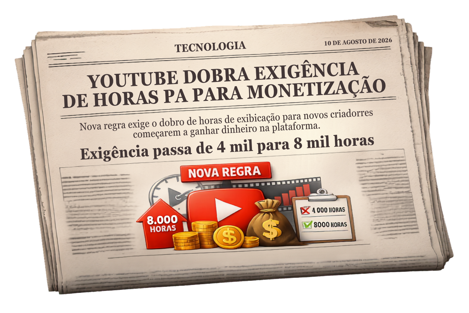 Manchete ilustrando o anúncio: exigência para monetizar passa de 4 mil para 8 mil horas de exibição.